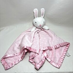 Cloud Island Large Bunny Rabbit Lovey Blanket Satin Pink White Polka Dots 28"